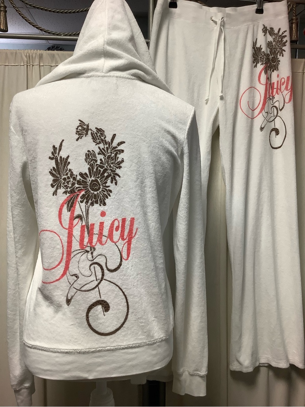 Juicy Couture Terry Hoodie Pants 32x32 Tracksuit Set Pink Script & Brown Floral